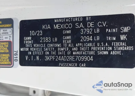 2024 Kia Forte Lxs из США, поврежденный, VIN 3KPF24AD2RE709904